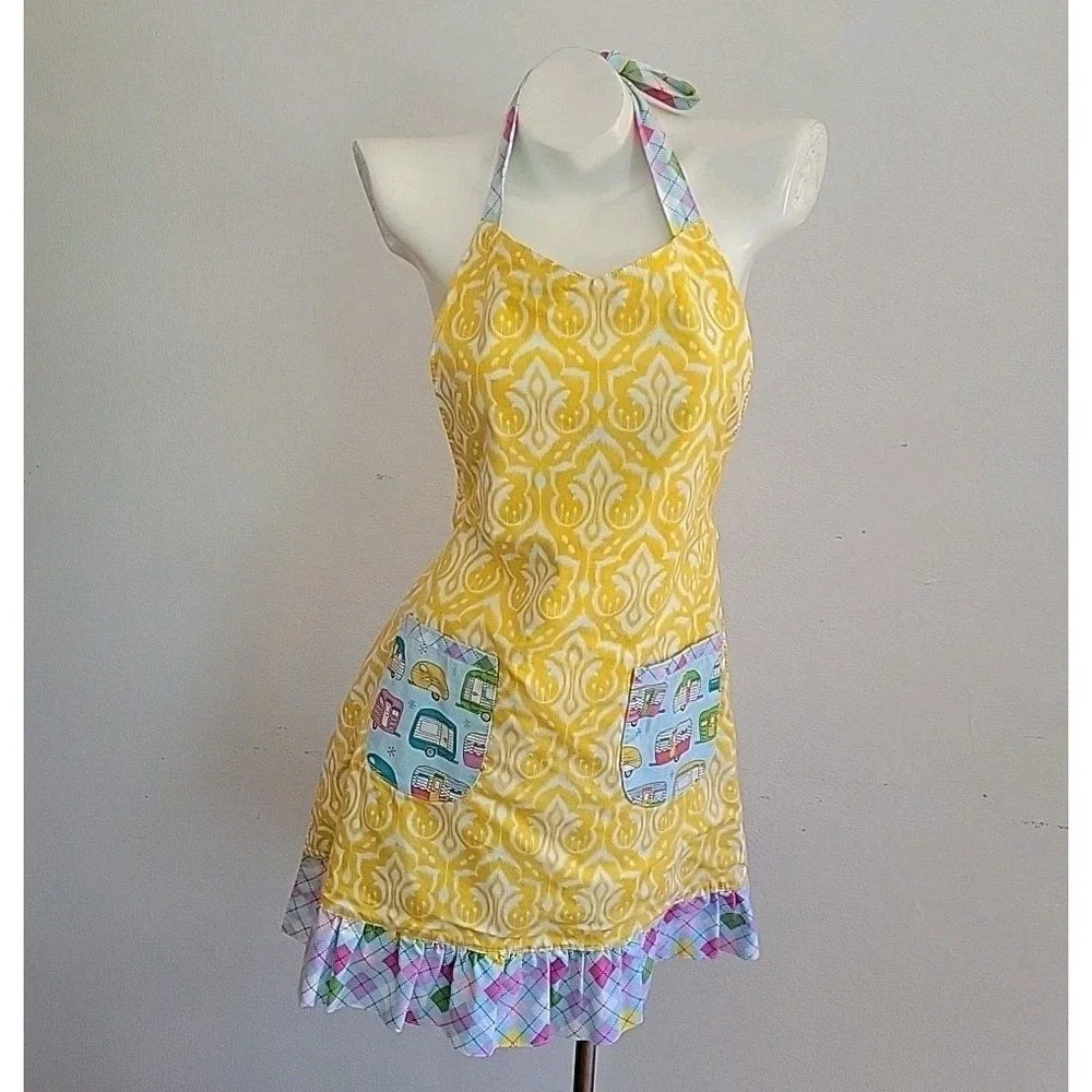 Handmade Halter Apron Retro Campers Damask Print Reversible Self‎ Tie Mod Foodie